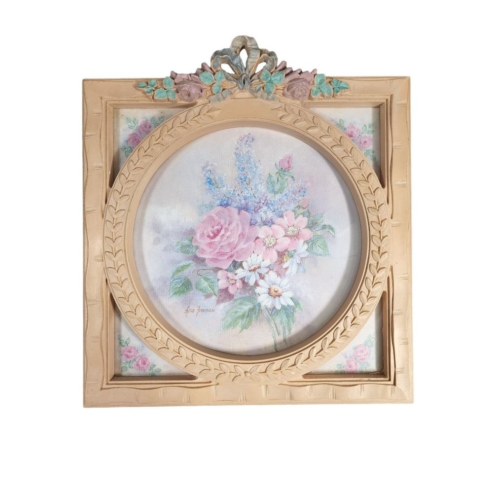 Vtg Ava Freeman Framed Floral Print Home Decor Circle in a Square 13"x13"